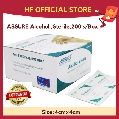 【INSTOCK】ASSURE Alcohol Swab (200pcs) 2-ply, 4cm x 4cm, 1 Box, Sterile, Disposable Alcohol Pad, Hospital Grade, Medical Grade, Assure, Sterilie, 70% Isopropyl Alcohol antiseptic Disinfection Disinfactant Alcohol Prep Disposable Alcohol Swab Alcohol Wipe