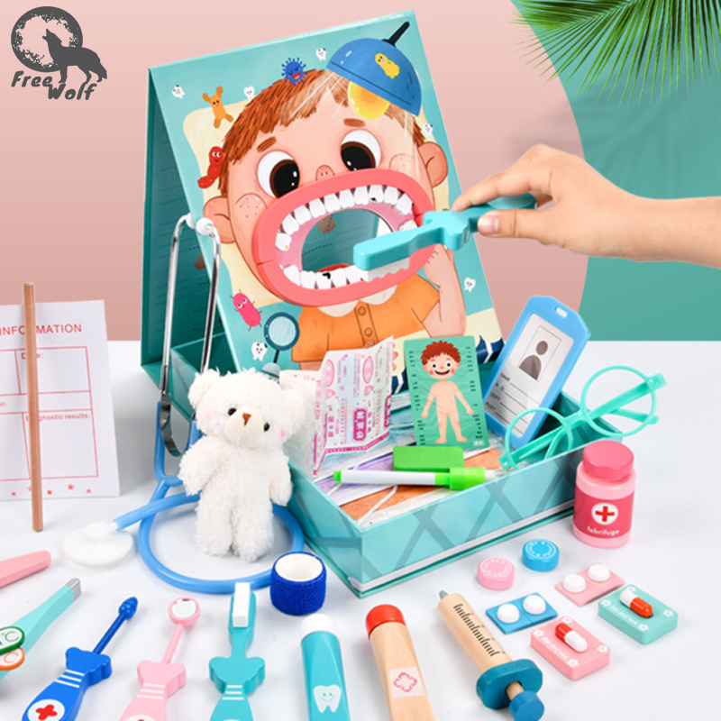 Children Dentist Simulation Toy Play House Set Wooden Doctor Toy Set Girl