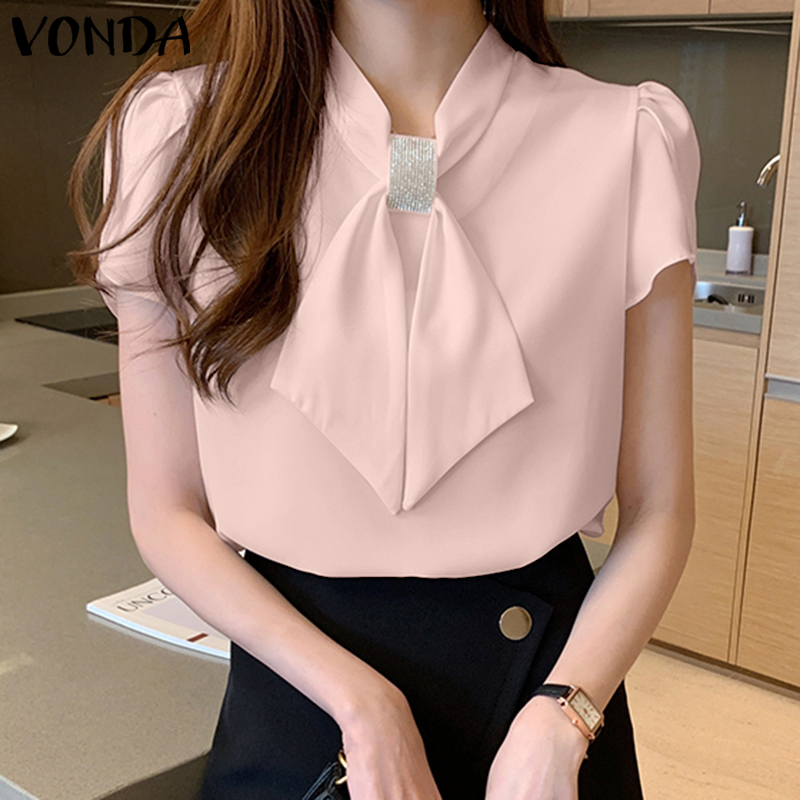 MASHYCHIC VONDA Women Leisure V-Neck Short Sleeve Pullover Elegant Solid Splicing Tops (Korean Causal)