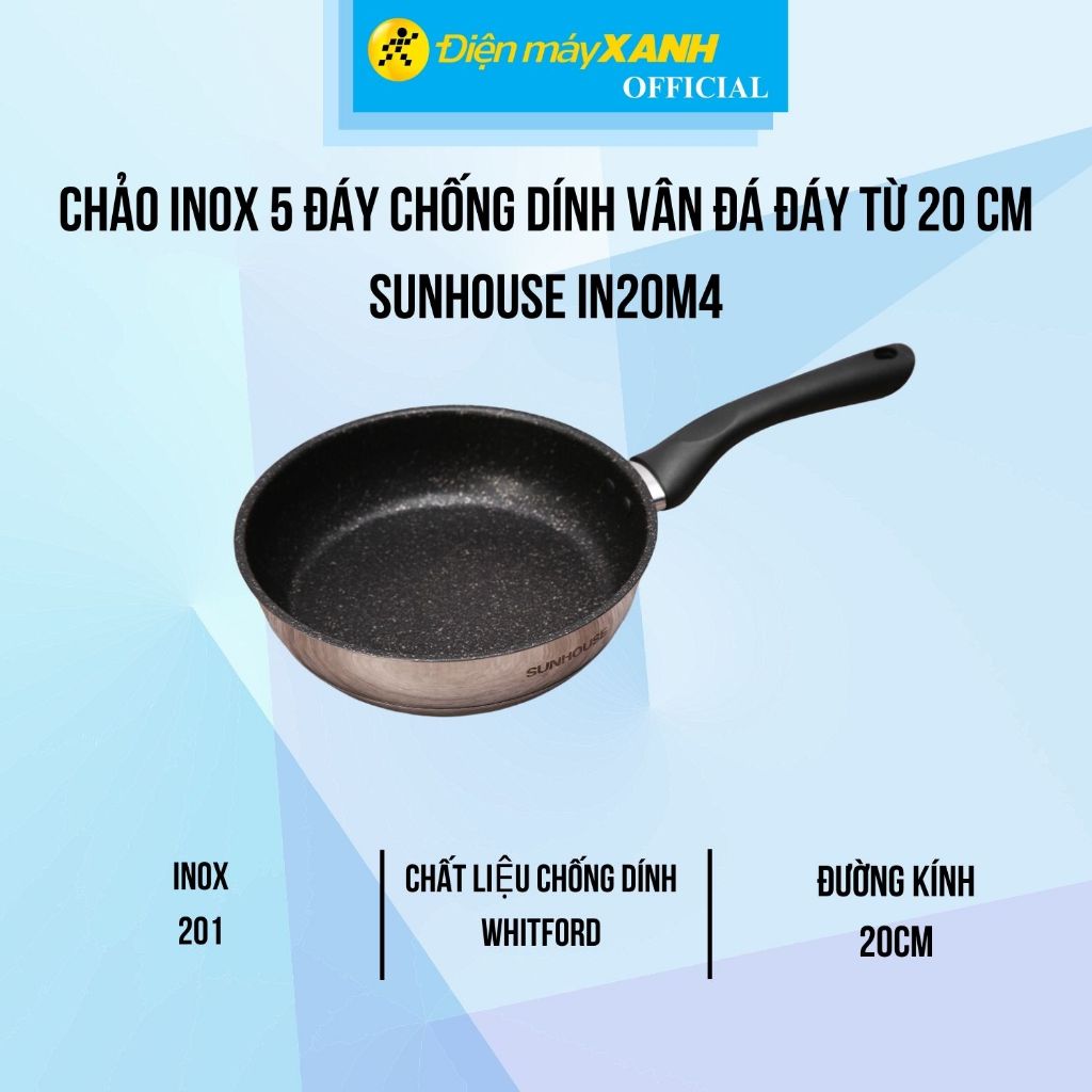 Chảo inox 5 đáy chống dính 20cm Sunhouse IN20M4