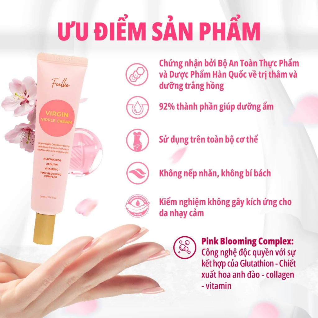 [CHE TÊN] Kem Làm Hồng Nhũ Hoa Foellie Virgin Nipple Cream Dưỡng Sáng Mịn Da Hàn Quốc 30ml – Làm dịu vùng da nhạy cảm, giảm cảm giác khó chịu.  – Tăng độ mịn mượt và đàn hồi cho da.  – Mang lại vùng da tươi tắn, mềm mại và khỏe hơn.
