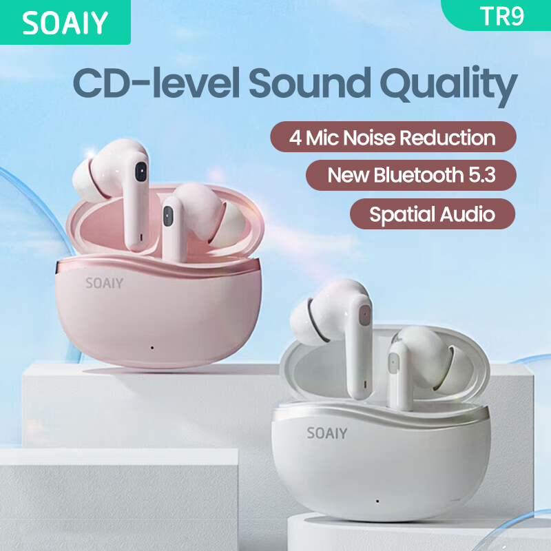 Soaiy TR9 Tai nghe không dây Bluetooth 5.3 Earbuds 4 Mic độ trễ thấp Tai nghe chơi game 30 Giờ Tuổi thọ pin