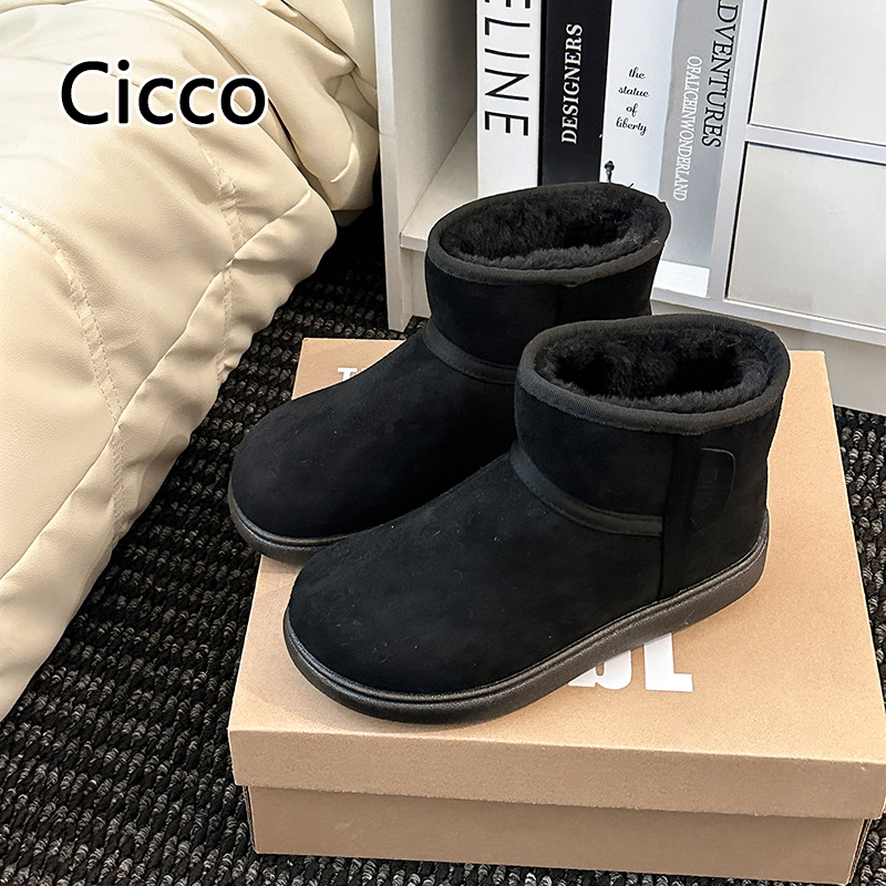 Giày vải cotton ngắn ấm áp Lót Lông Cừu mới của Cicco Giày ủng nữ đi tuyết da lộn màu trơn thời trang