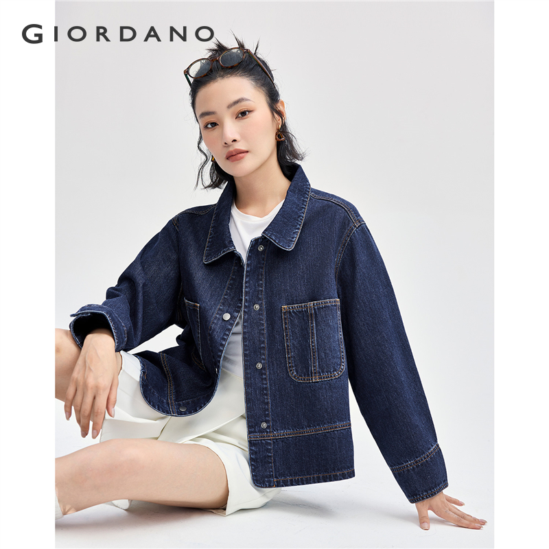 GIORDANO Women Jackets Rounded Turn-Down Collar Washed Denim Jackets Big Pockets Fashion Casual Loose Denim Jackets 18373203 ราคา 1,499 บาท*ส่งฟรี