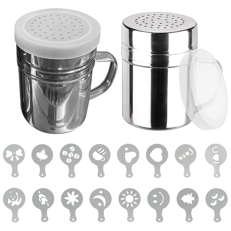 【Latest model】Stainless Steel Chocolate Shaker 2-Pack Includes 16 Coffee Stencils for Cake and Coffee Decoration
