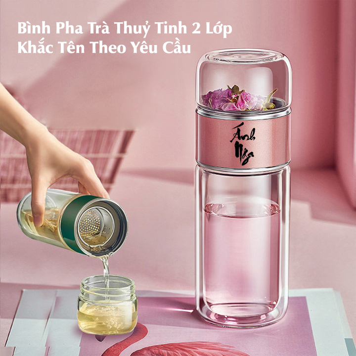 Bình pha trà thuỷ tinh 2 lớp Khắc Tên Theo Yêu Cầu cao cấp có lõi lọc chịu nhiệt cao từ -20 đến 140 độ C dung tích 420ml