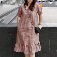 ZANZEA Korean Style Women Holiday Square Neck Short Sleeve Dresses Grid Printed Ruffled Knee Length Dress #0406