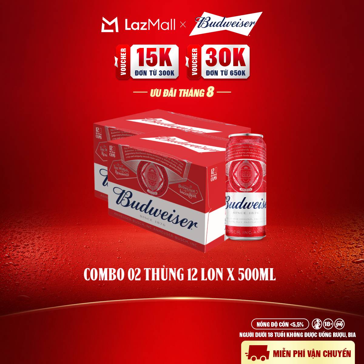 Combo 2 Thùng 12 Lon Bia Budweiser Chính Hãng (500ml/lon)