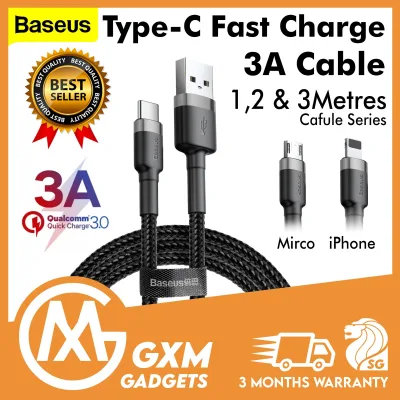 Baseus Cafule Type C Lightning Microusb QC3.0 3A Quick Fast Charge Cable Android iPhone Samsung HUAWEI OPPO XIAOMI iPad- Black