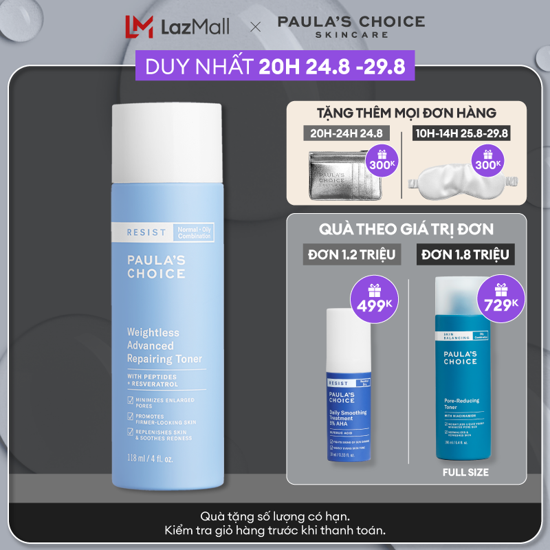 Nước hoa hồng siêu nhẹ sửa chữa hư tổn cho làn da dầu và lão hóa Paula’s Choice Resist Weightless Advanced Repairing Toner 7780