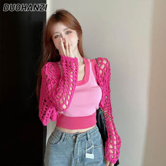Duohanzi ngọt ngào mát mẻ hot girl màu tương phản dệt kim yếm trong của phụ nữ đồ lót ngắn không tay Racer Top Hai MảNh Áo Cardigan dệt kim