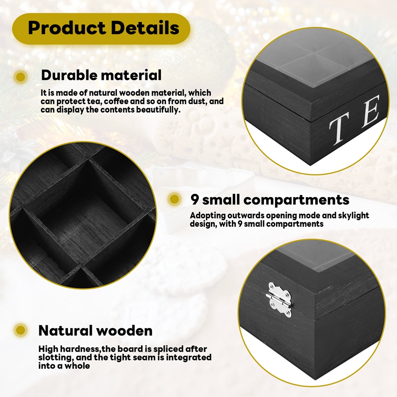 Wooden 9 Grids Tea Box Tea Bags Container Storage Box Square Gift Box Case Transparent Top Lid Jewelry Storage Box