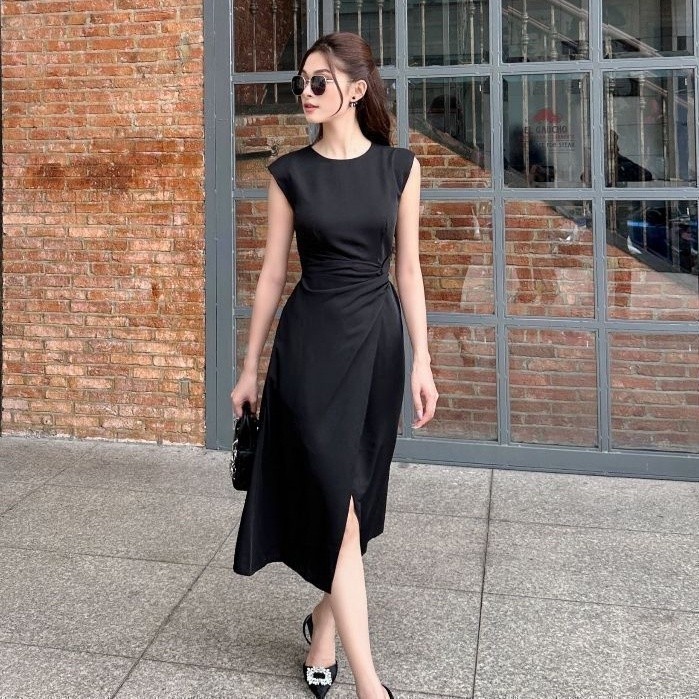 Joven đầm dài martha độn vai nhún eo trẻ trung thanh lịch
