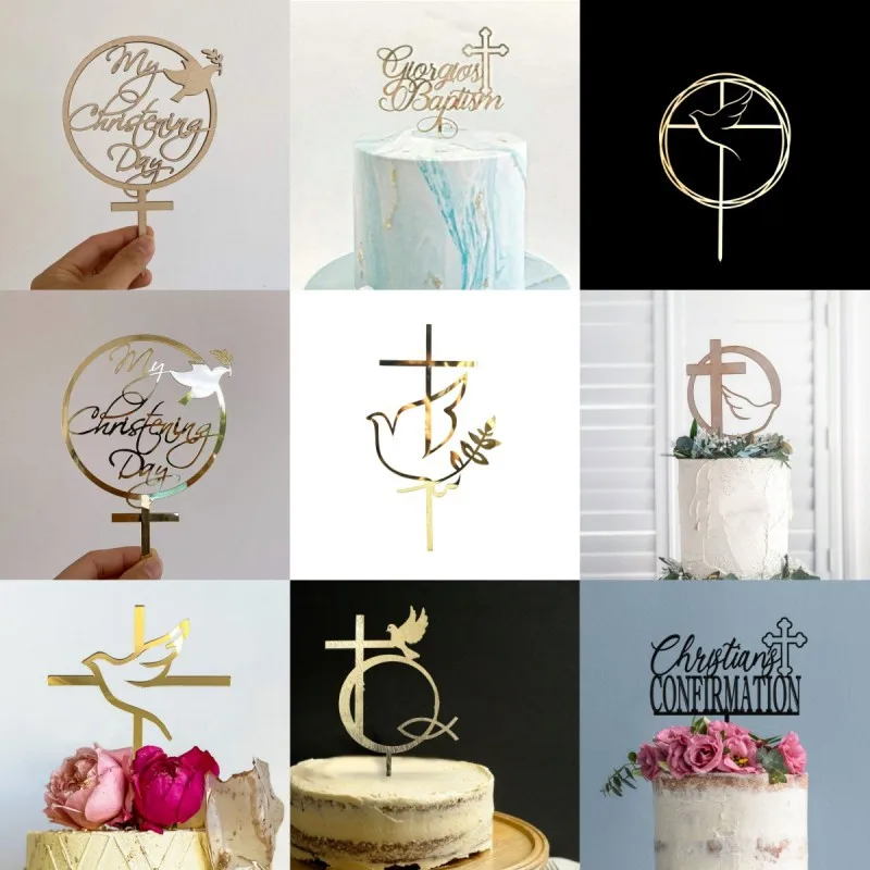 【ABLE】 2025 Christ Cross Birthday Cake Topper Gold Acrylic Dove Cross Eucharist Baptism Party Communion Baptism Cake Topper Decoration