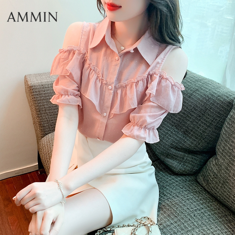 AMMIN Korean Style Simple Lapel Fashion Hollowed-out Short Sleeve Commuter Chiffon Blouse Women 2025 Summer New High-End Elegant Ruffles Stitching Fashion Shoulder-Baring Bubble Sleeve Fashion Single-Breasted Elegant Blouse ราคา 367 บาท*ส่งฟรี