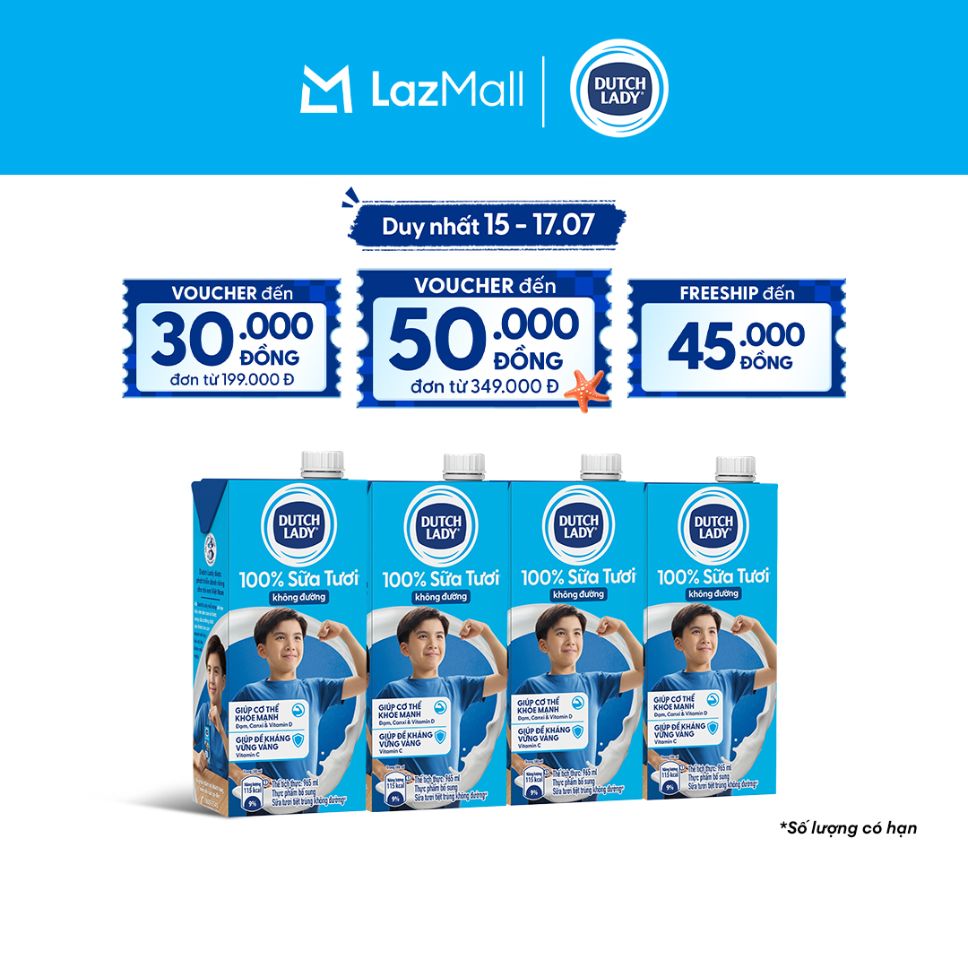Combo 4 Hộp Sữa Tươi Tiệt Trùng Dutch Lady Cô Gái Hà Lan Không Đường 965ml