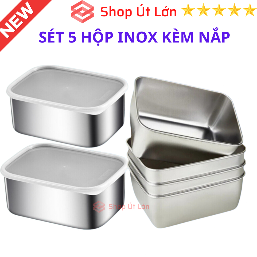 Combo 5 khay đựng thực phẩm inox 304 có nắp đậy, hộp đựng thực phẩm bằng inox để tủ lạnh