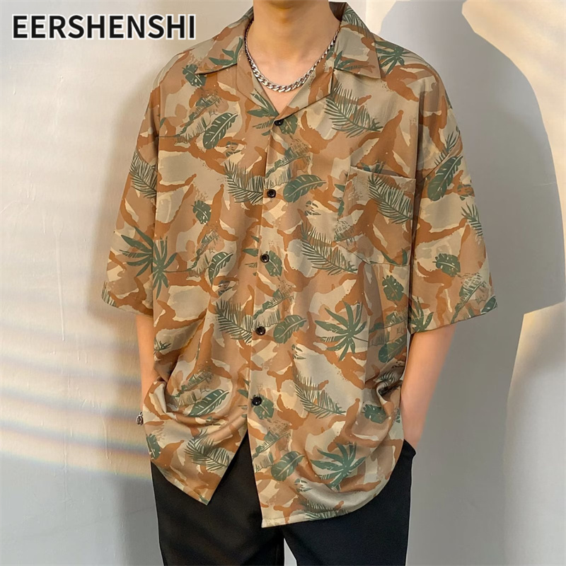 EERSHENSHI | Men's beach resort style Hawaiian short-sleeved shirt V-neck printed loose buttoned short-sleeved shirt ราคา 184 บาท*ส่งฟรี