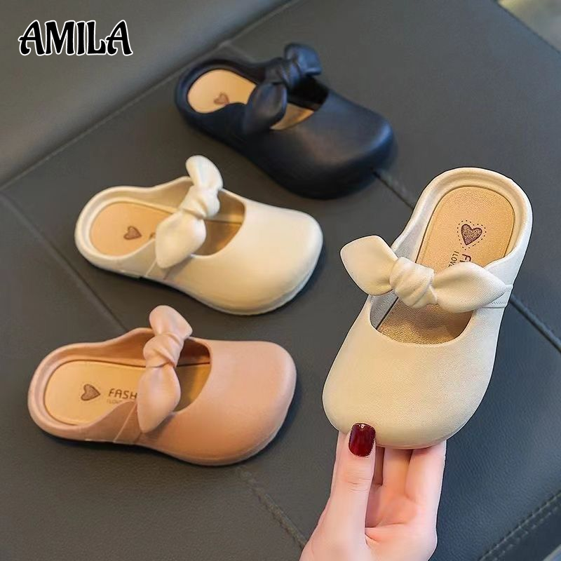 Amila Dép trẻ em bé gái dép sandal nơ dễ thương Xăng đan bít mũi trẻ em đáy nhựa PVC chống trượt