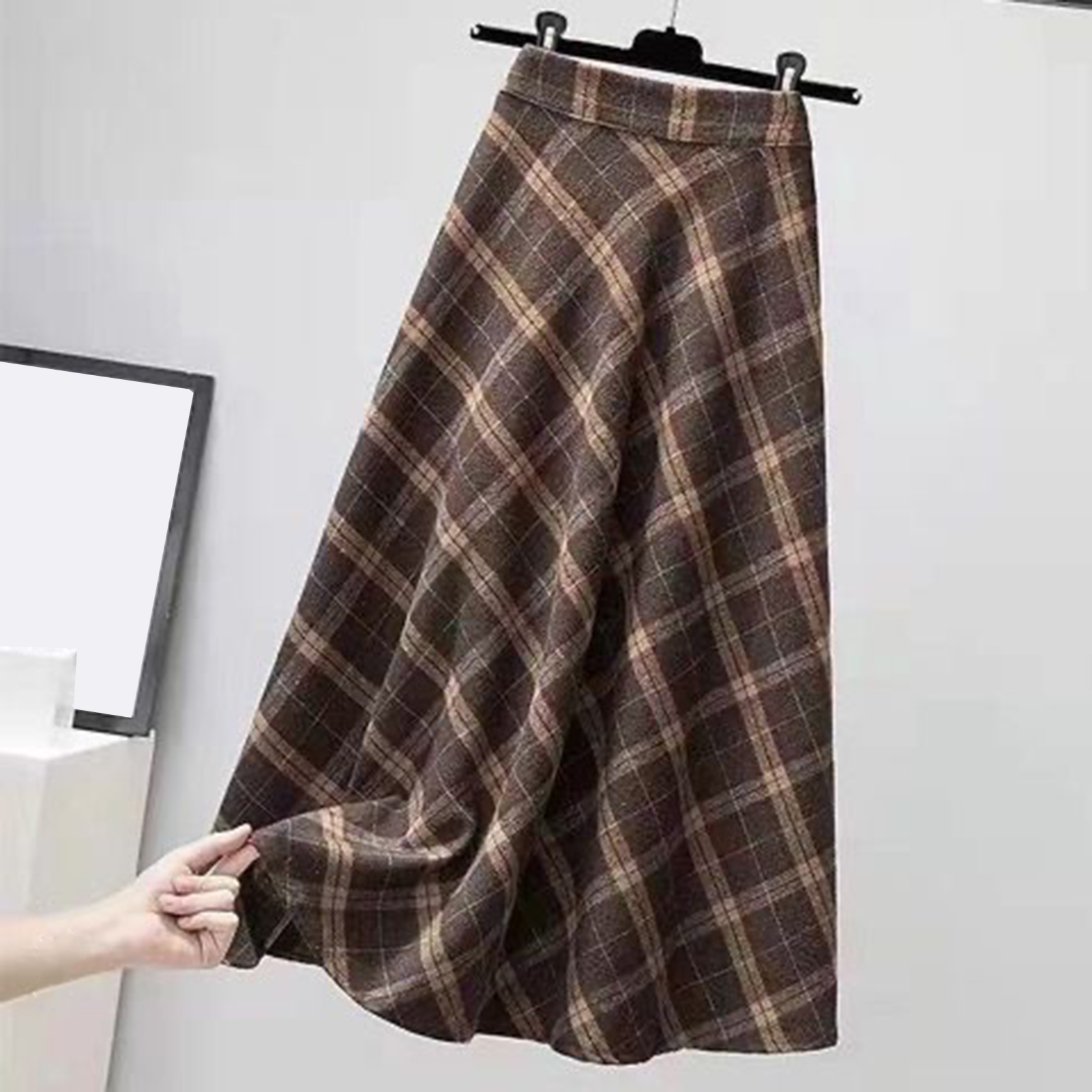 Váy chữ A kẻ sọc Shemi in kẻ sọc vuông ấm cúng Chân váy kẻ caro cổ điển váy midi chữ A kèm thắt lưng