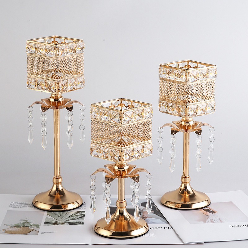 3 Height Ornamen Besi Dengan Liontin Candle holder Golden Crystal Tea Light Sparklers Dekorasi Rumah C…