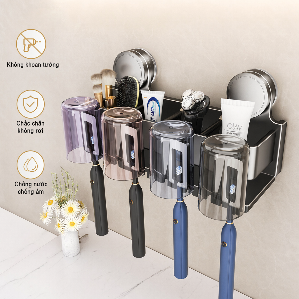 Kệ bàn chải cốc súc miệng gắn tường hút chân không nhôm chống gỉ chịu nước treo nhà tắm