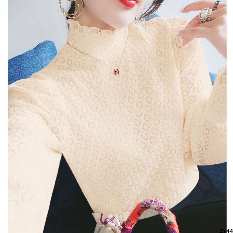 Áo blouse ren thời trang mới, cổ cao, tay dài, áo nhỏ sành điệu, ren dày, áo mùa thu đông, lớp nền lông cừu