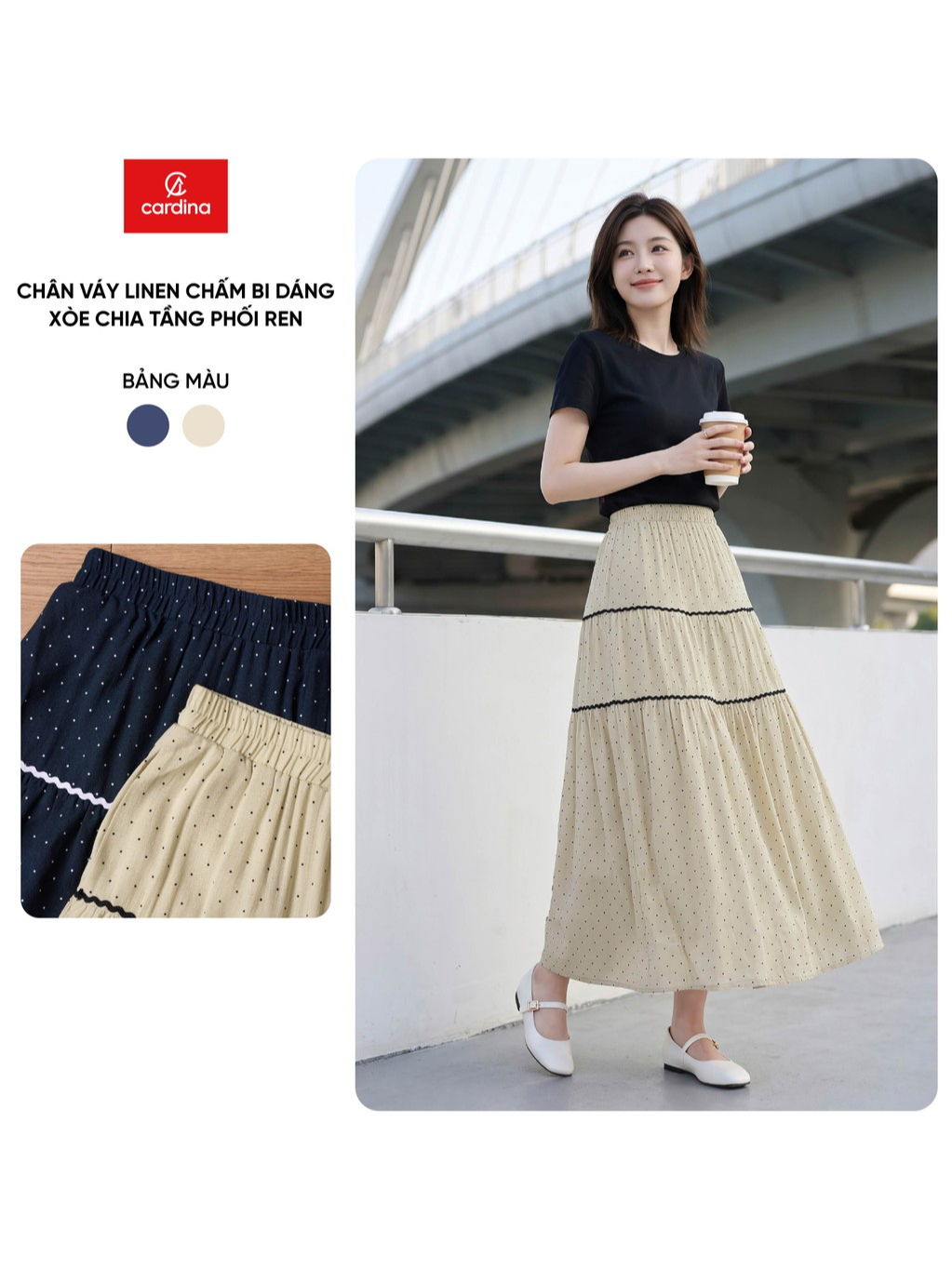 Chân váy nữ CARDINA chất liệu linen chấm bi dáng xòe chia tầng phối ren 6CVX10