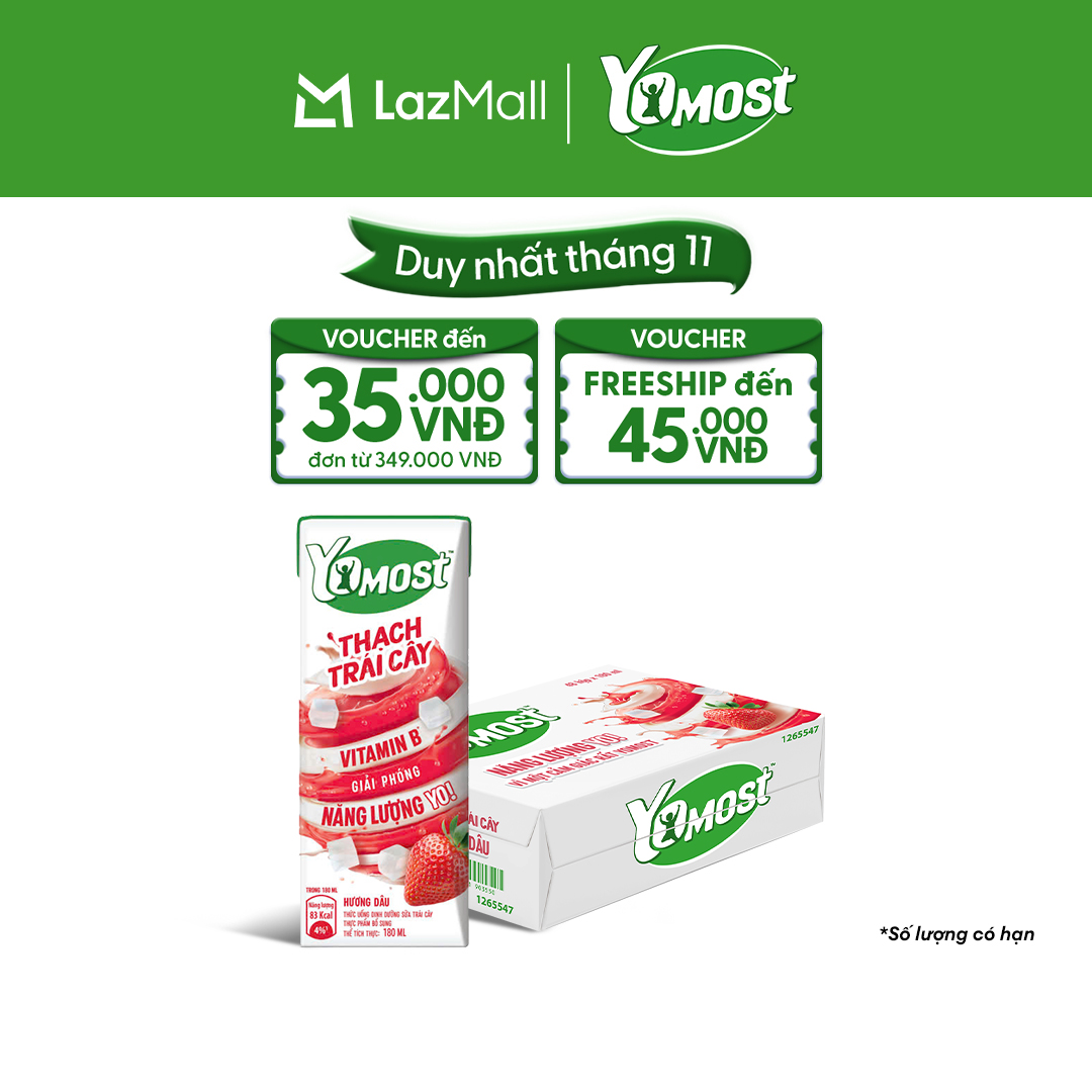 Thùng 48 Hộp Yomost Thạch Trái Cây Hương Dâu (48x180ml)