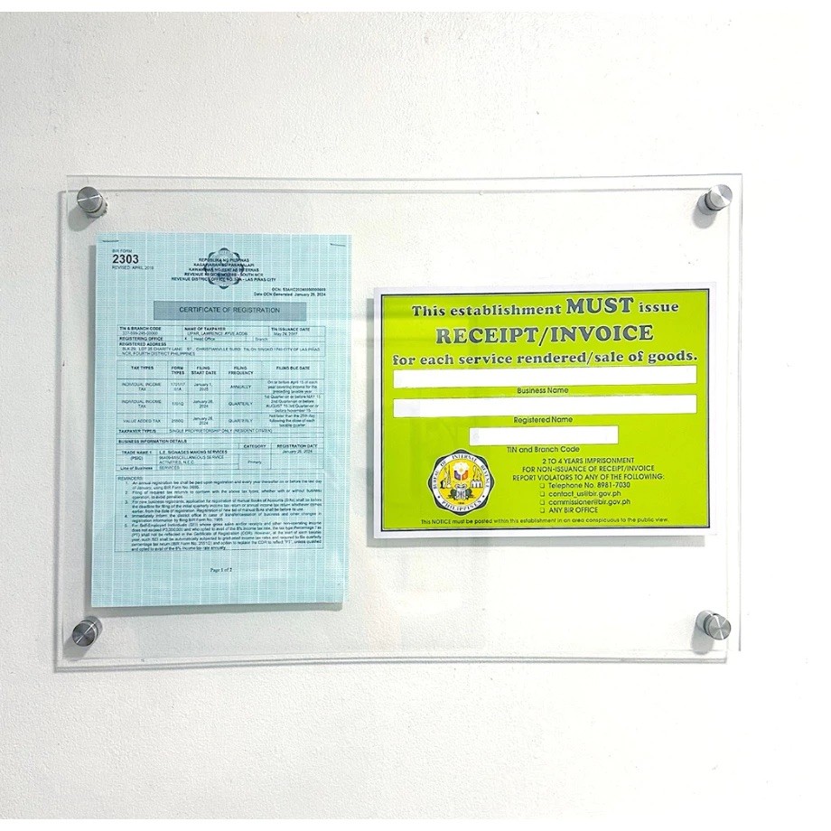 Acrylic Wall Frames Business Permit Certificate Registration Acrylic Insert Display