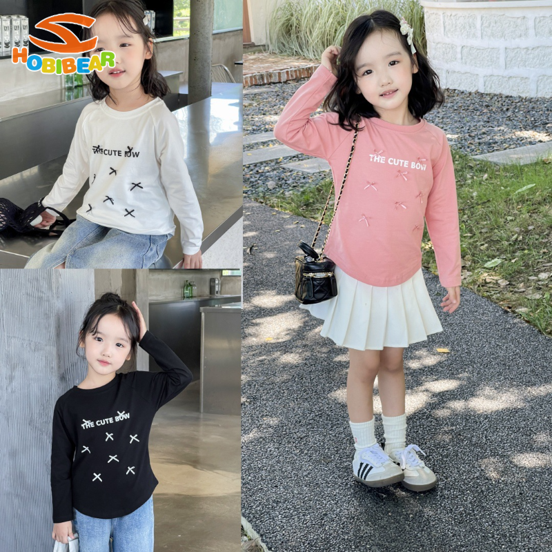 HOBIBEAR Girls long sleeve T-shirt Spring and autumn new three-dimensional bow girls Lycra single top baby round neck base shirt ราคา 126 บาท*ส่งฟรี