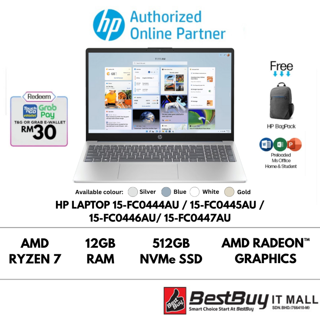 HP Laptop 15-fc0444AU / 15-fc0445AU / 15-fc0446AU/ 15-fc0447AU (AMD Ryzen™ 7 5825U / 12 GB RAM / 512 GB SSD / AMD Radeon™ Graphics)