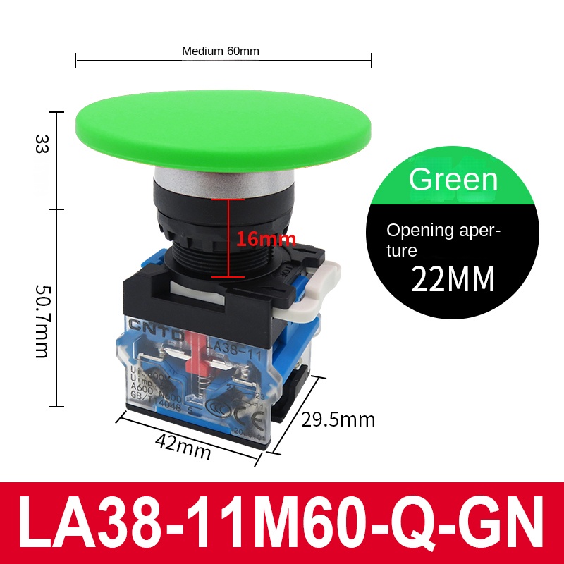 Nút Nhấn Nấm To Tự Giữ Màu Xanh Lá LA38-11 - 1NO 1NC | LA38-11MZS60 Changde - Đầu 60mm, Lỗ 22mm, tùy chọn: Đỏ/Xanh, Điều Khiển Công Nghiệp Chắc Chắn