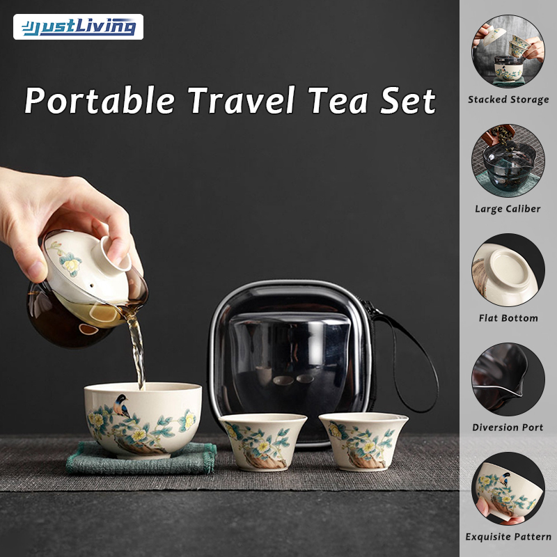 JustLiving Chinese Travel Tea Set with Storage Case Floral Porcelain Teapot with Tea Cups Portable Tea Set for 2 with Tea Infuser Tea Pot Set for Home/ Office/ Outdoor/ Picnic ราคา 790 บาท*ส่งฟรี