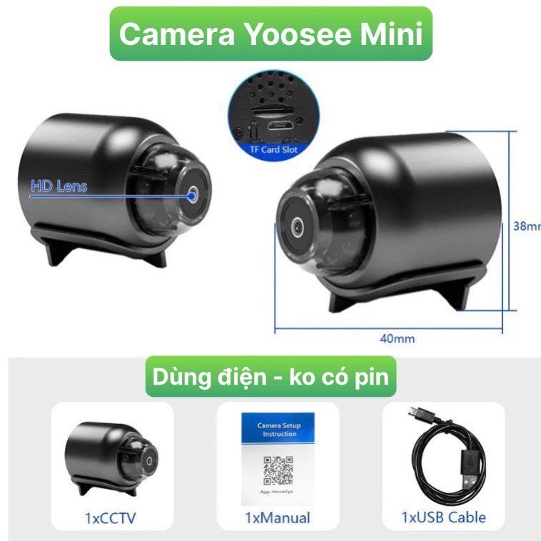 Camera Wifi Yoosee Mini nhỏ gọn Hình ảnh FullHD (App Yoosee, có sách hướng dẫn, cáp Sạc, chưa có củ 