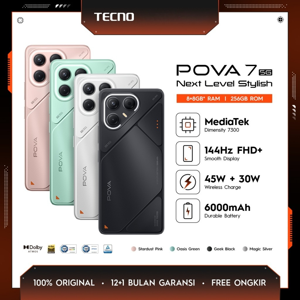 TECNO POVA 7 5G [8/128GB] [8/256GB] 6000 mAh, Mediatek D7300 Ultimate, 144Hz Smooth Display, 50MP Primary Camera Harga 3,400,000 rupiah*Gratis Ongkir