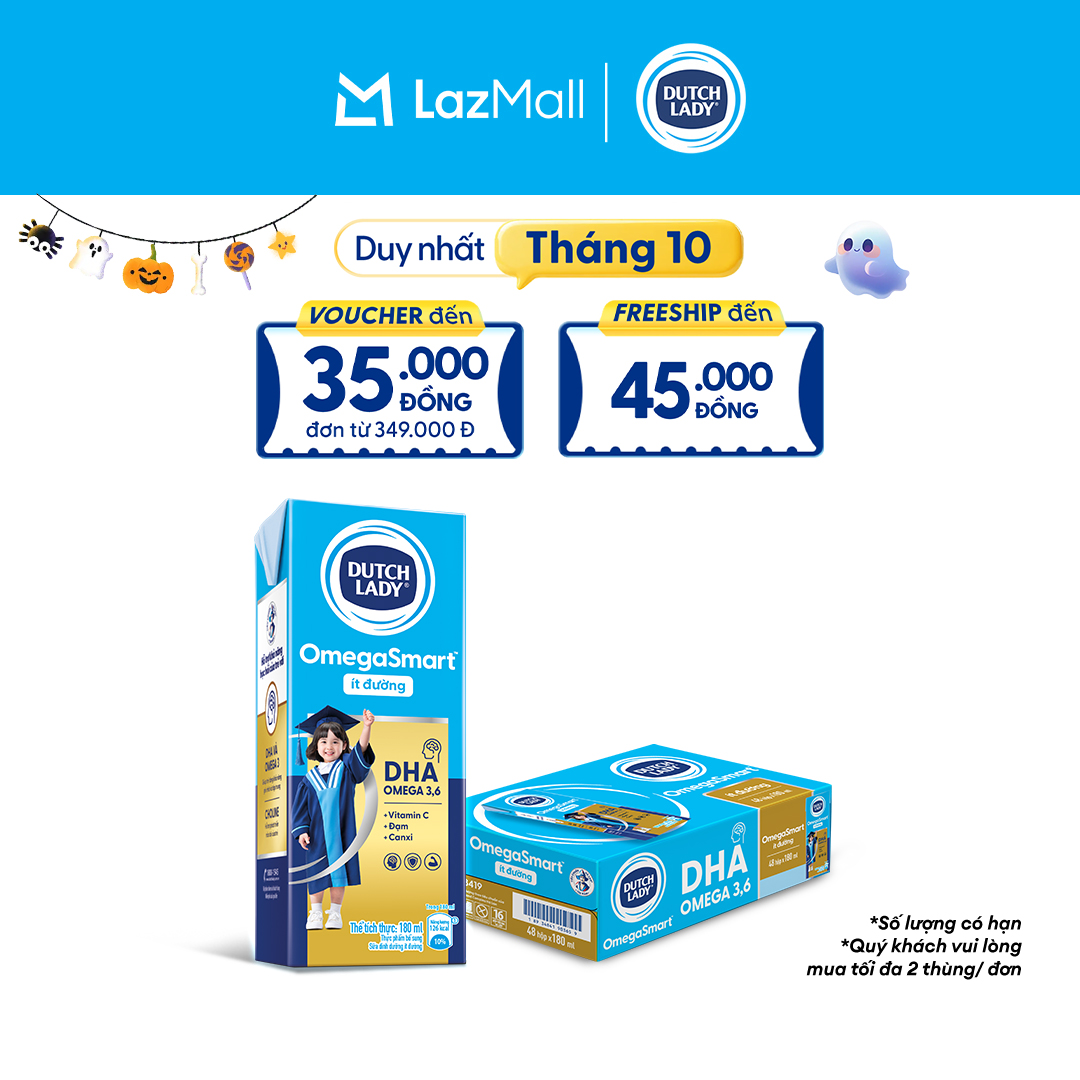 Thùng 48 Hộp Sữa Dinh Dưỡng Ít Đường Dutch Lady OmegaSmart 48x180ml cho trẻ trên 1 tuổi