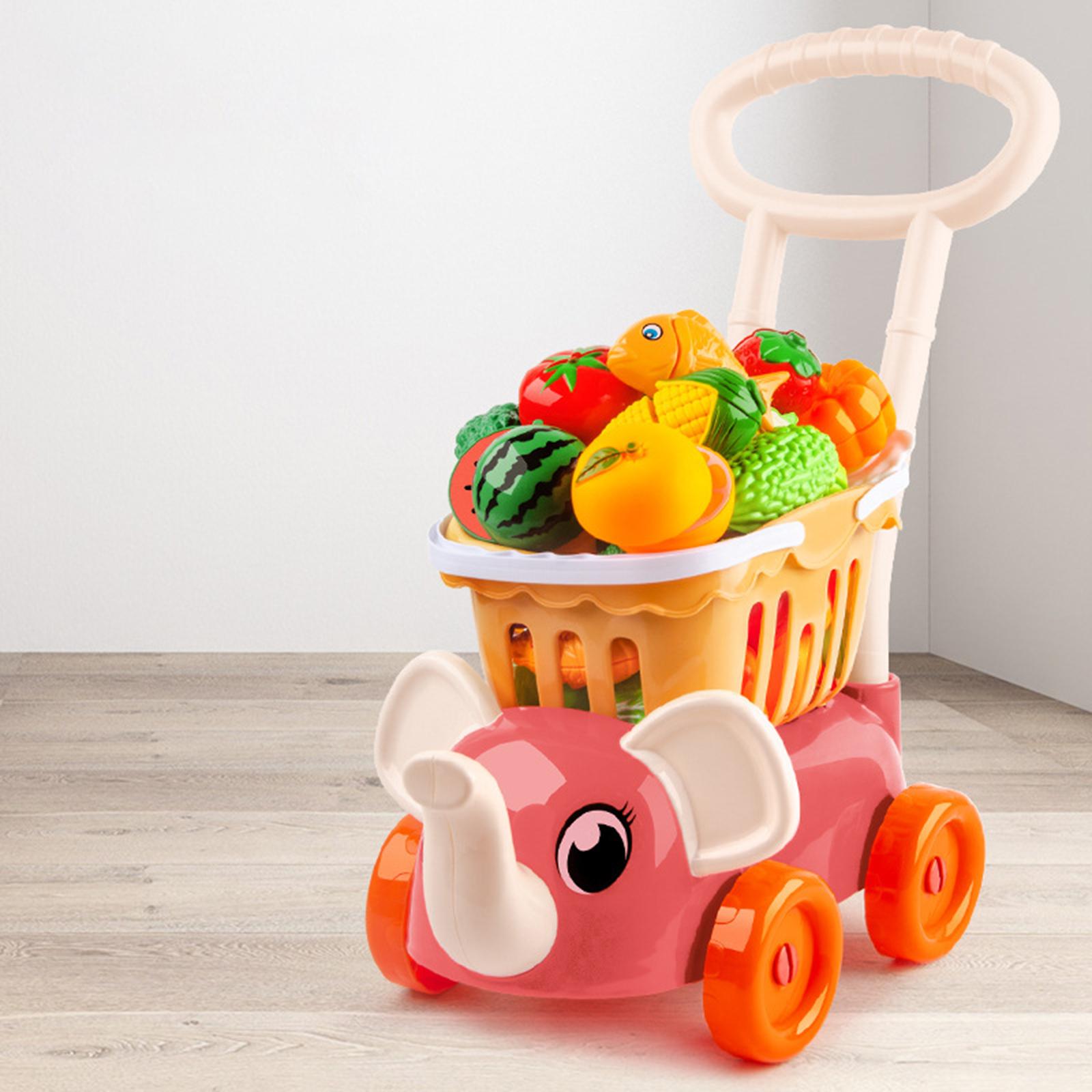 Simulation Deluxe Shopping Cart, Fruit and Cutting Food Playset Children Preschool Groceries Role toys