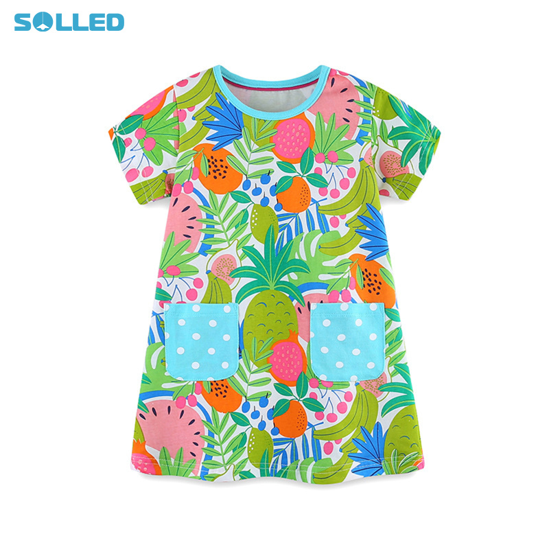Girl's Short Sleeve Dresses Summer Cute Cotton Fruits Printing Skirts Casual Round Neck Pocket Dresses ราคา 204 บาท*ส่งฟรี