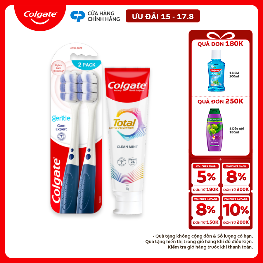 [Chỉ 15-17.8_X2 Voucher giảm đến 18%] Bộ sản phẩm Colgate Total chăm sóc răng miệng toàn diện (Kem đánh răng  Bàn chải)