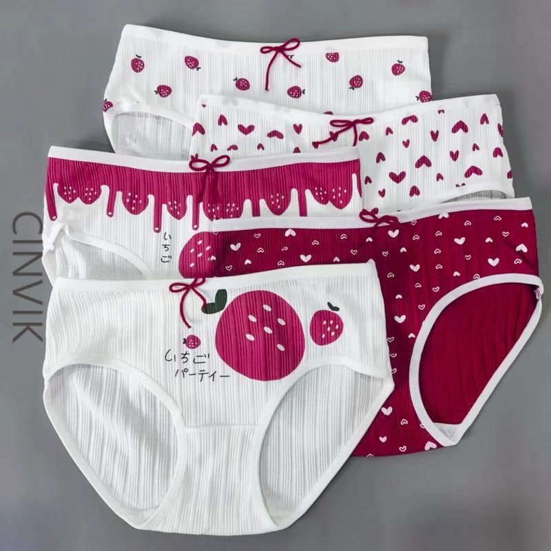 Strawberry Girl Underwear Pure Cotton Underpants Mid Waist panty for women Triangle Pants Love Red Lingerie