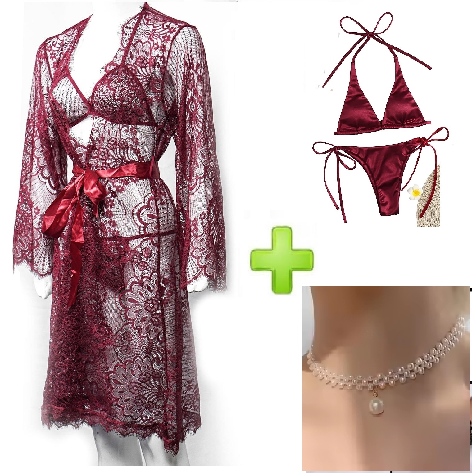 Pack of 04 - High Qaulity Lace Net See Through Bridal Nighty Set Pratiharye Valentine Special! Babydoll Nightwear Net Robe/Chemise with Bikini Set | Hot & Saxy | for Honeymoon/First Night Anniversary for Women/Girls Best gift with Amazing Necklace,.