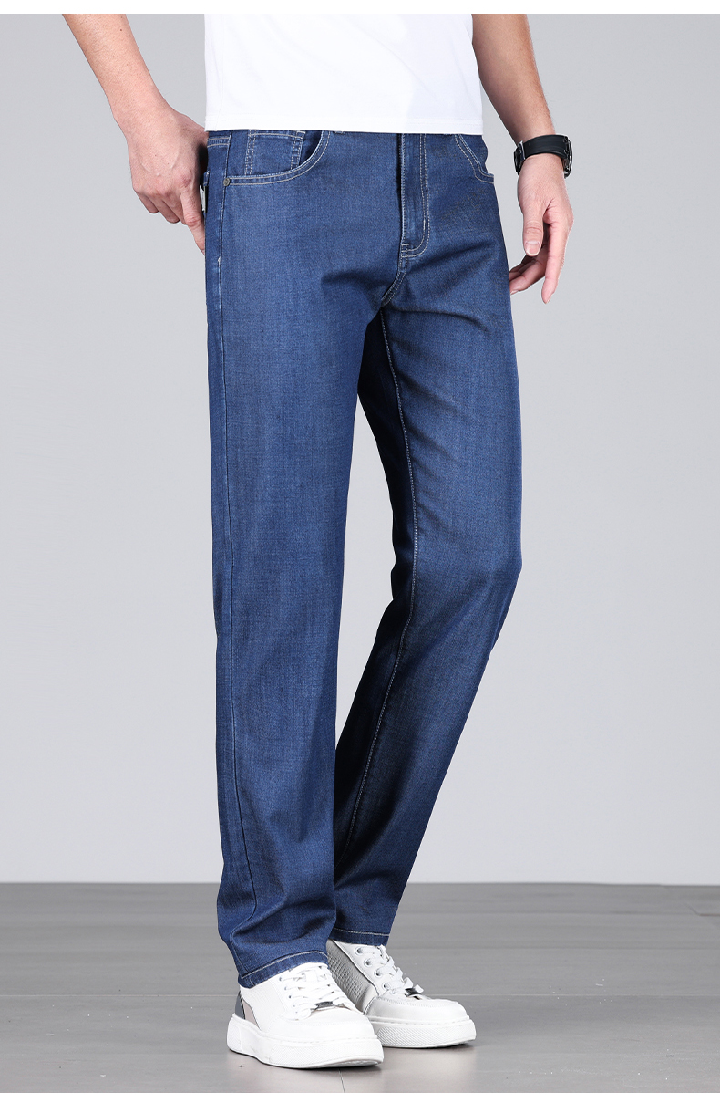 Summer Men's Baggy Jeans Blue UltraThin Classic Soft Breathable Business Casual Straight-leg Stretch Denim Trousers Male