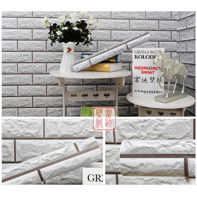 Giấy dán tường gạch trắng 3D khổ 10M x 45cm có sẵn keo tự thi công