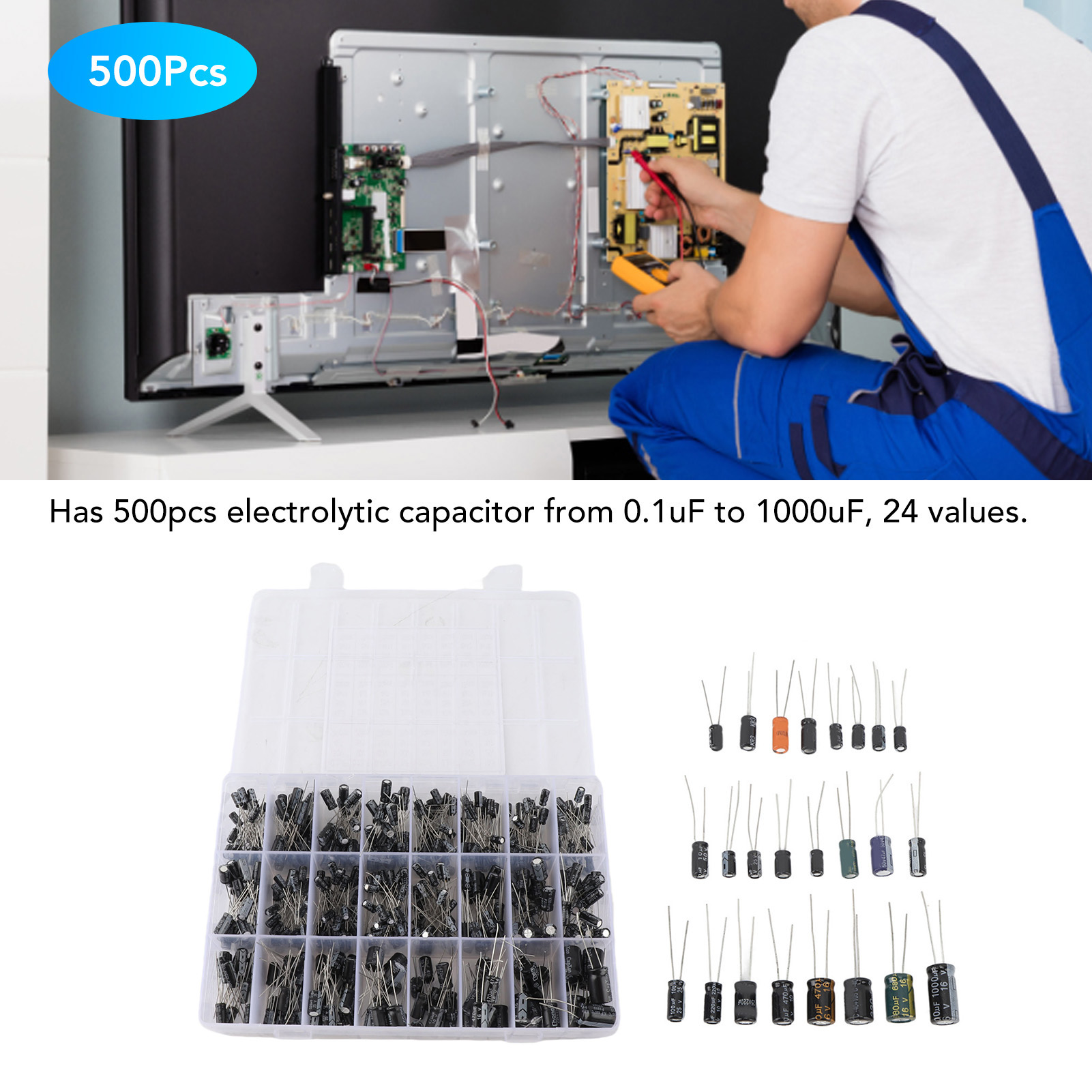 Điện phân 16V ‑ 50V rò rỉ miễn phí 0.1UF ‑ 1000uF nhôm tụ 500Pcs 24 giá trị cho TV