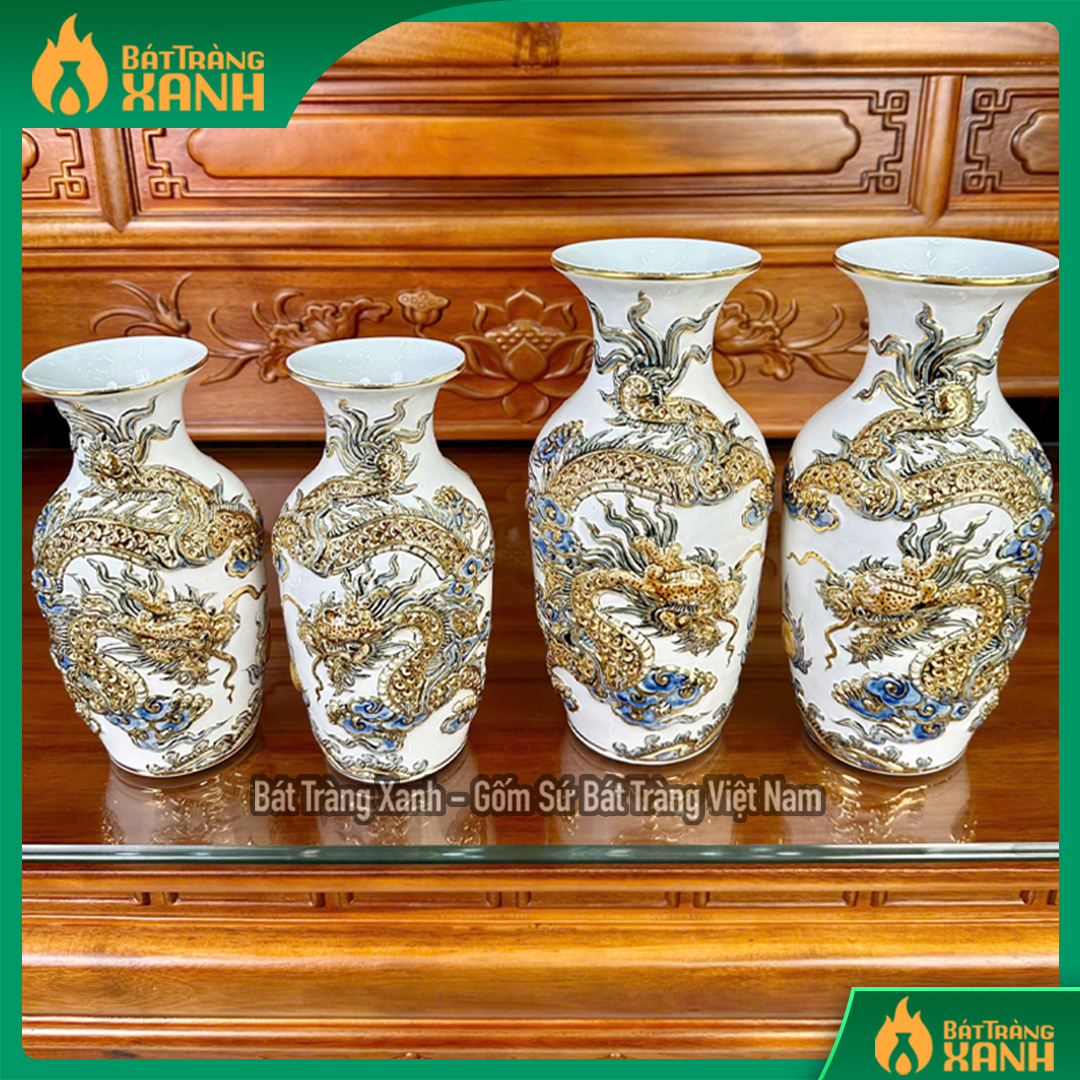 Lọ Lộc Bình Men Trắng Vẽ Vàng Gốm Sứ Bát Tràng - Họa Tiết Nổi Rồng Chầu Ngọc - Bình Cắm Hoa/Lọ Hoa Trang Trí Bàn Thờ - Thương hiệu BÁT TRÀNG Giá 1,438,000 Đồng*Miễn phí vận chuyển