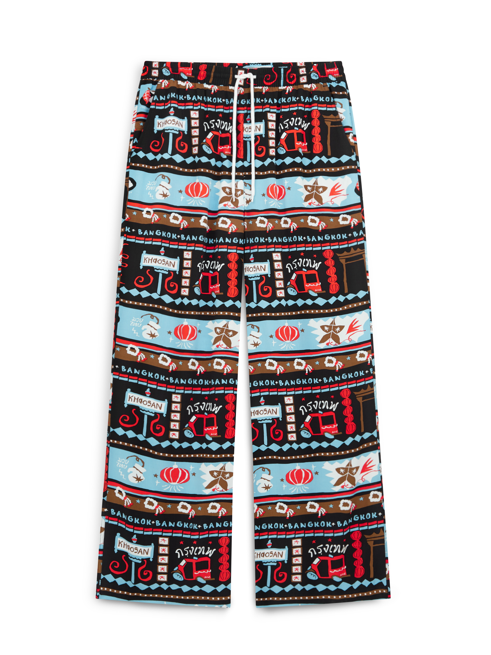 AIIZ (เอ ทู แซด) - AIIZ กางเกงขายาวทรงหลวม ผ้าเรยอนพิมพ์ลาย AIIZ Sawasdee Thailand Printed Straight Leg Pants ราคา 782 บาท*ส่งฟรี