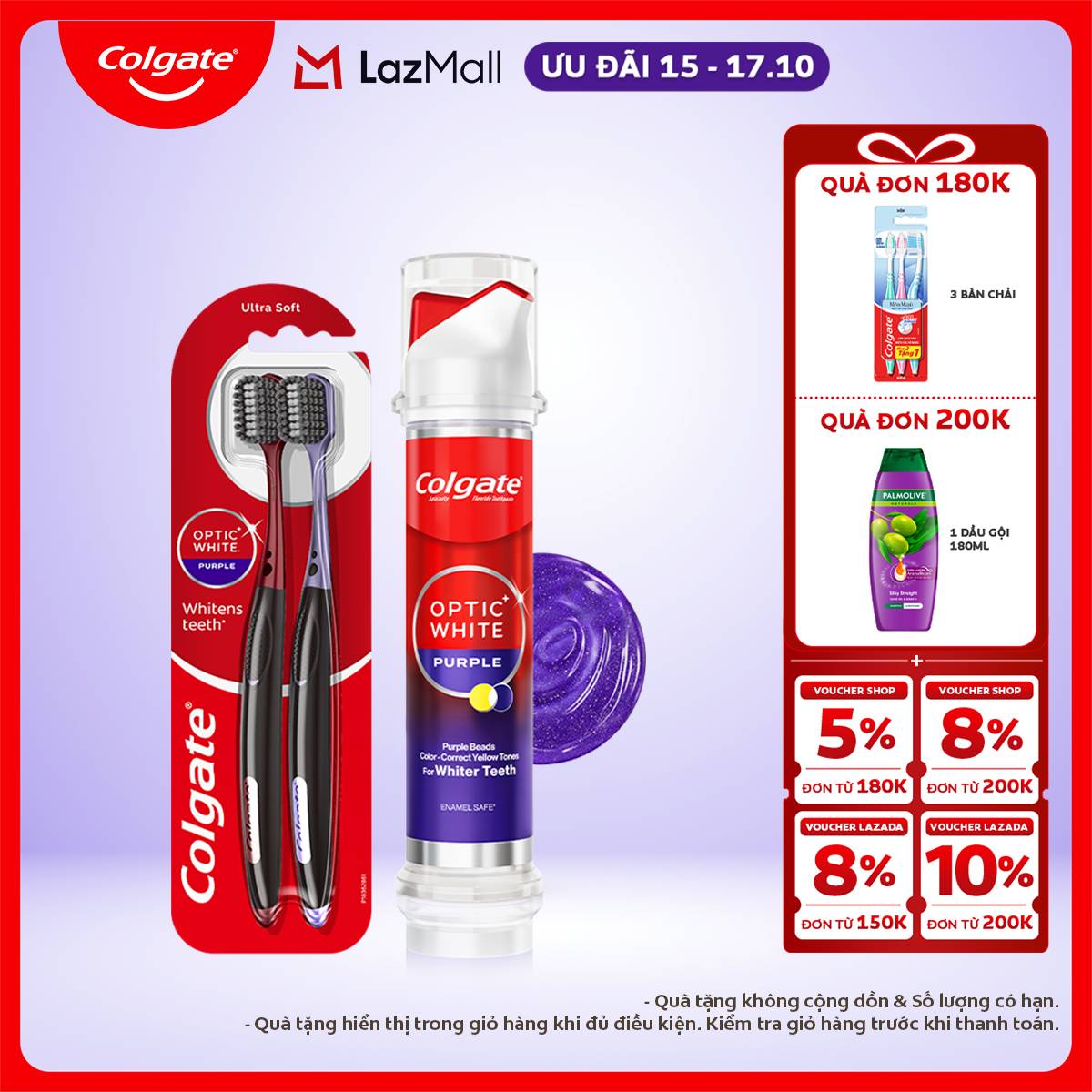 Bộ Kem đánh răng Colgate Optic White Purple Vòi nhấn thông minh 130g và 2 bàn chải trắng răng