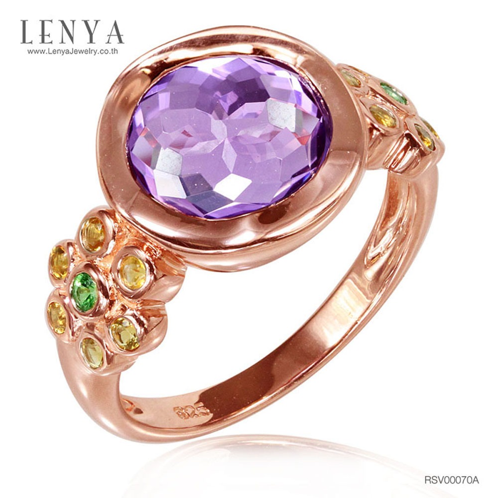 Lenya Amethyst Gemstone Ring Enhances Peace of Mind, Mindfulness, and Prosperity. Size 10 Mm. 925 Sterling Silver Body. Plated with Pink Gold ราคา 5,990 บาท*ส่งฟรี