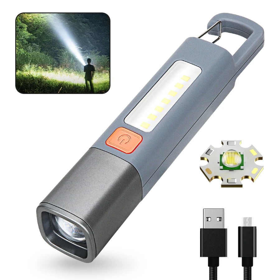 Xiwangfire Mini Di Động Đèn Pin LED USB Sạc Có Móc Đèn Pin Zoomable Cắm Trại Ngoài Trời Đi Bộ Đường Dài Đèn Lồng Khẩn Cấp Tầm Xa